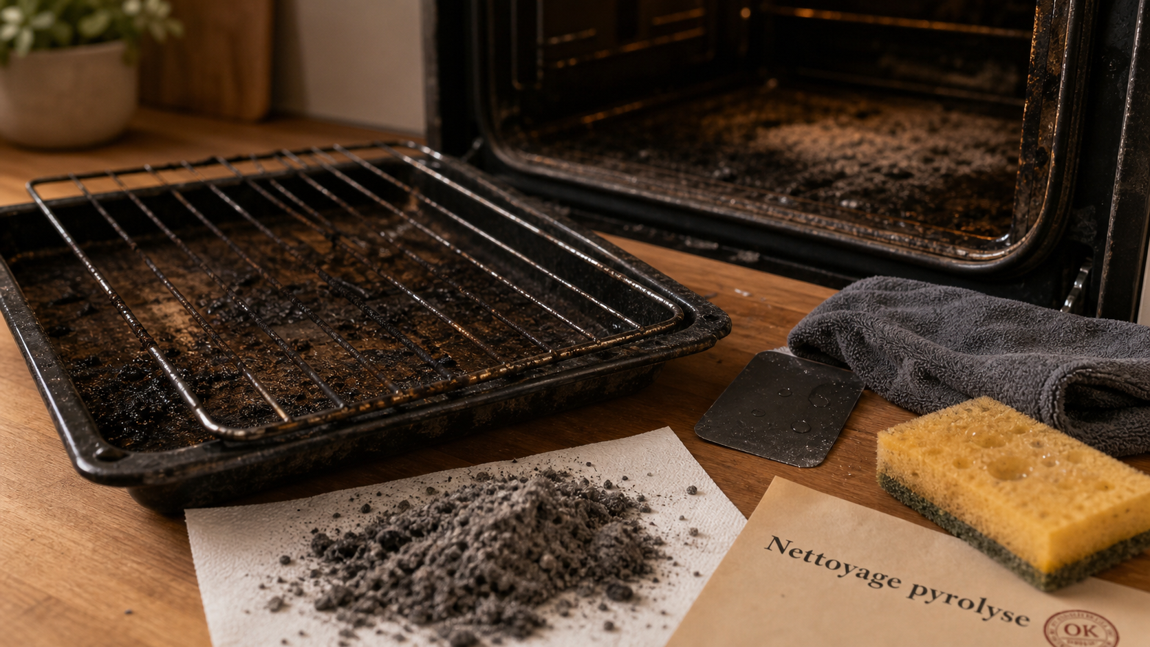Nettoyage four pyrolyse à 500°C : cendres et lèchefrite noircies