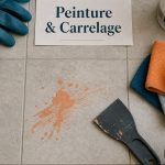Nettoyer peinture sur carrelage : carrelage, microfibre, spatule et eau tiède