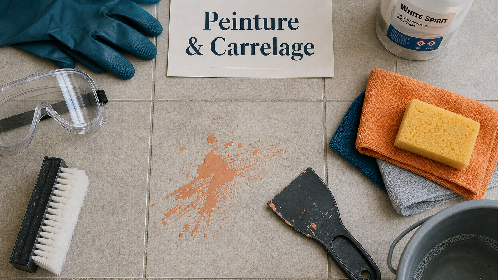 Nettoyer peinture sur carrelage : carrelage, microfibre, spatule et eau tiède
