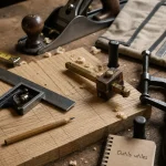 Outils pour menuisier : établi, mètre, équerre, serre-joints et trusquin