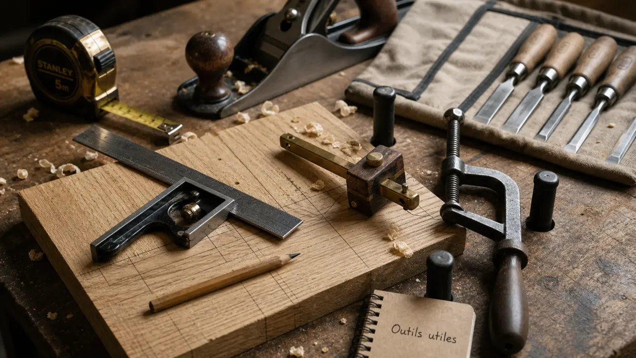 Outils pour menuisier : établi, mètre, équerre, serre-joints et trusquin