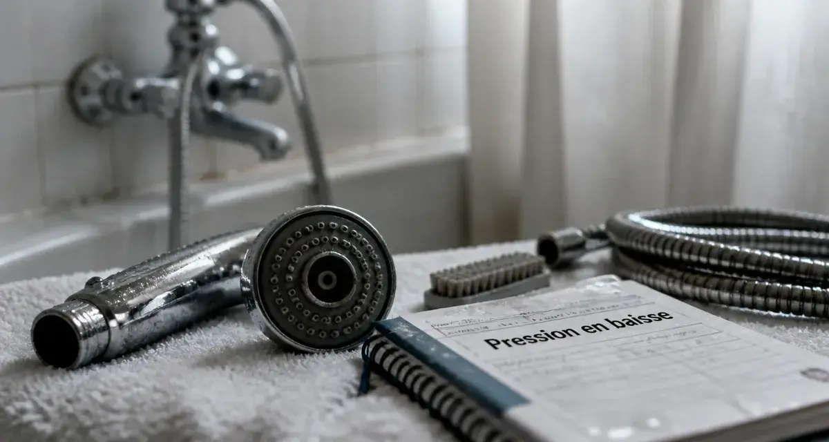Pas de pression douche : pommeau démonté et brosse anticalcaire