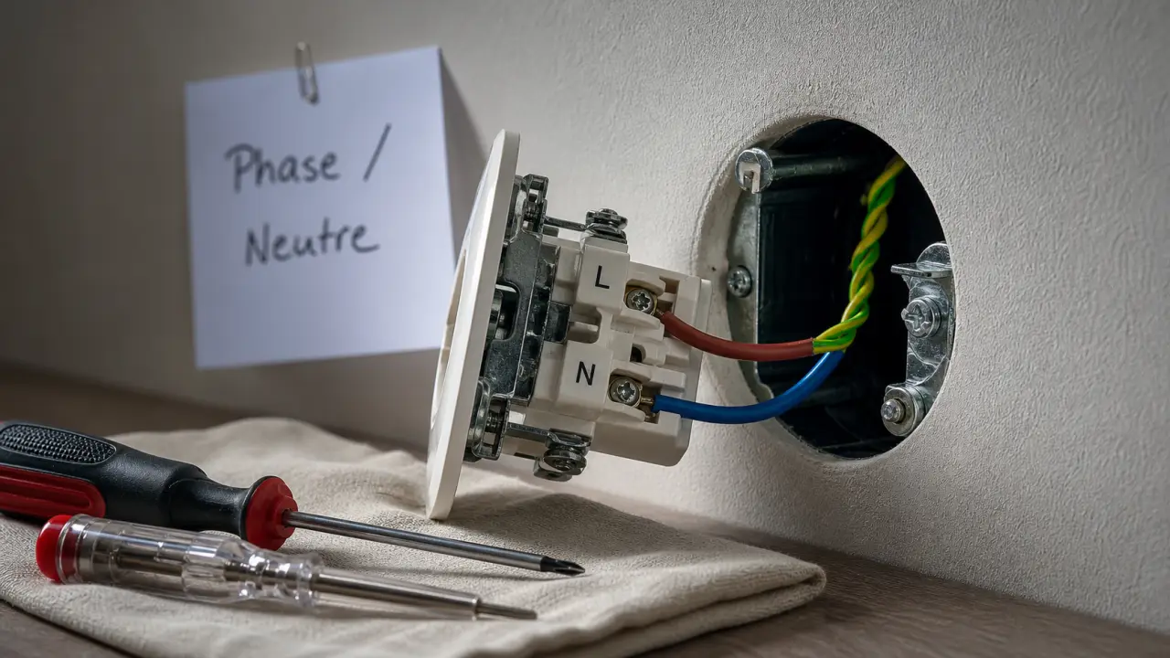 Phase et neutre sur une prise : repères L et N