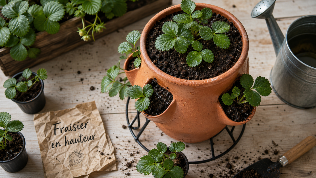 Plantation fraisier en hauteur : jeunes plants en pot et gouttière