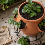 Plantation fraisier en hauteur : jeunes plants en pot et gouttière