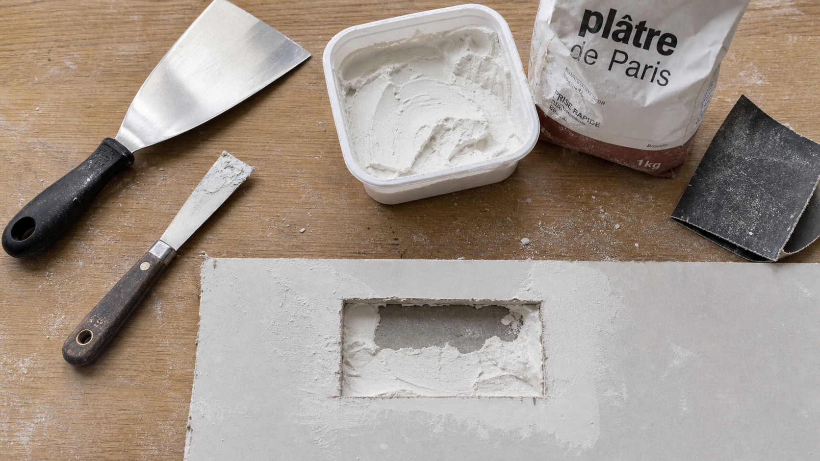 Platre pour reboucher un trou de plaque de plâtre en cours