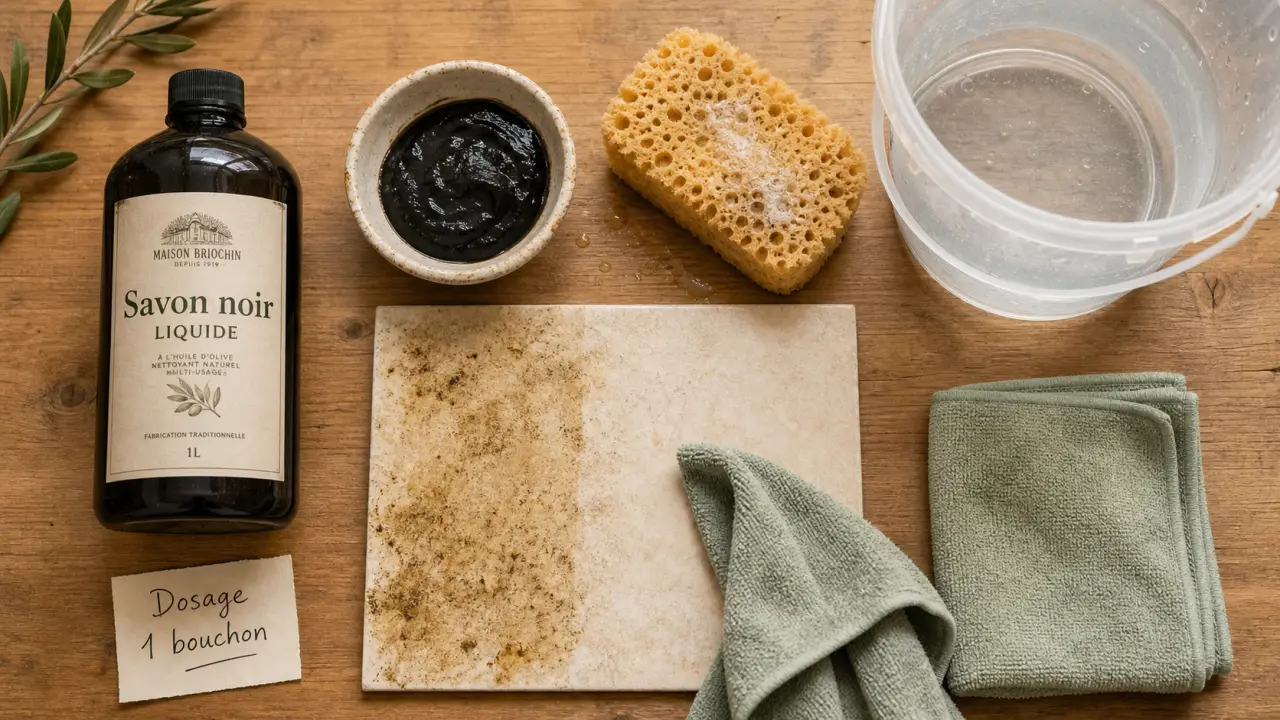 Utilisation du savon noir : 1 bouchon par litre pour sols