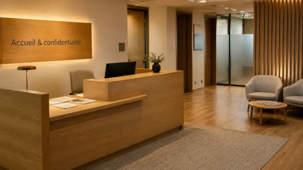 Aménagement espace accueil : flux maîtrisés, banque PMR et ambiance sous 55 dB