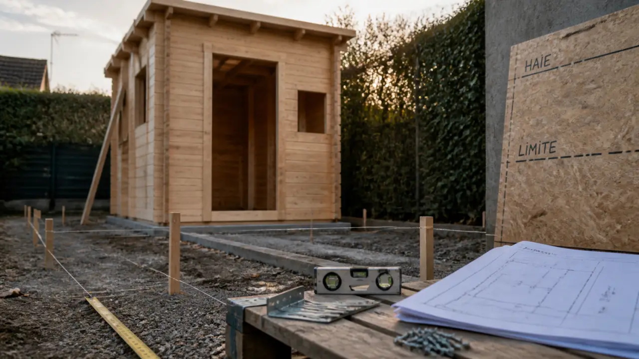 Construire un abri de jardin : plan de masse et piquets au sol