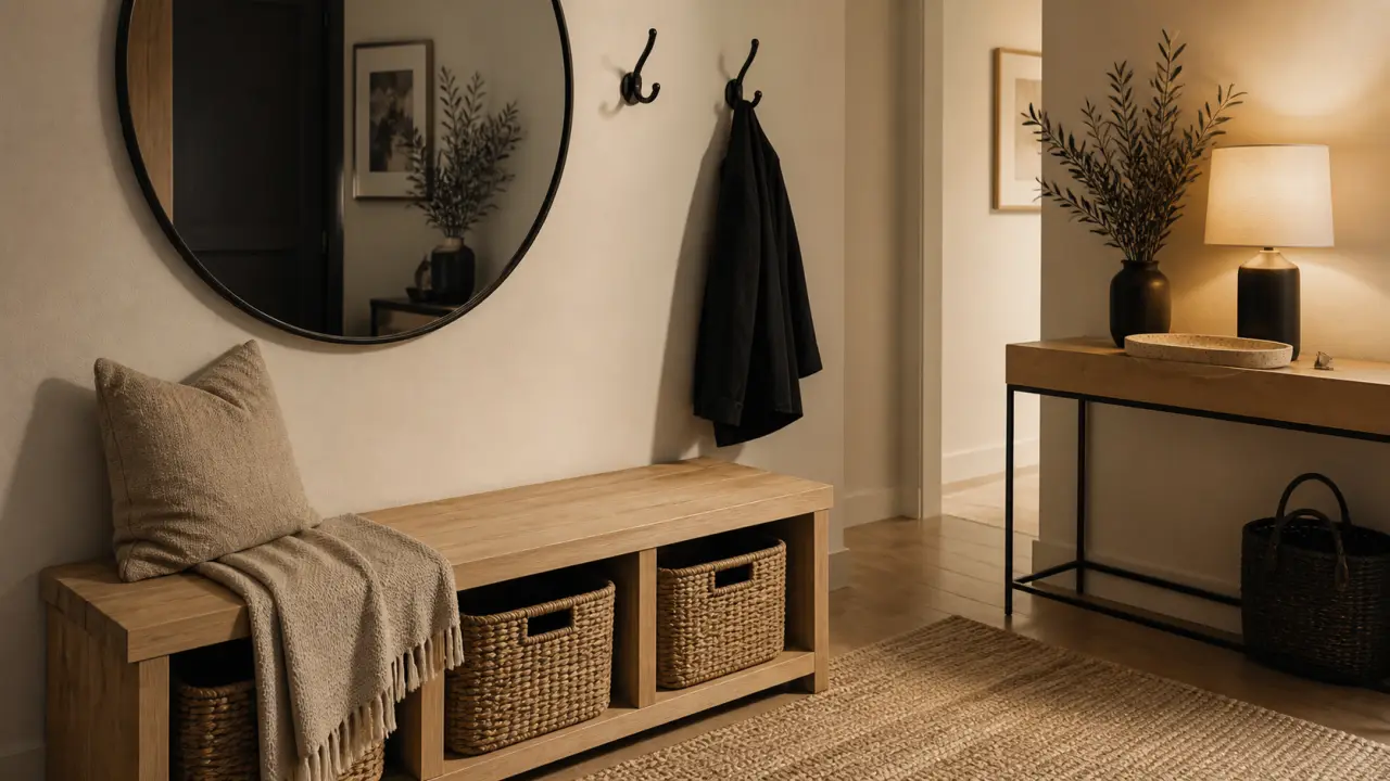 Déco entrée maison : banc coffre en bois clair et miroirs