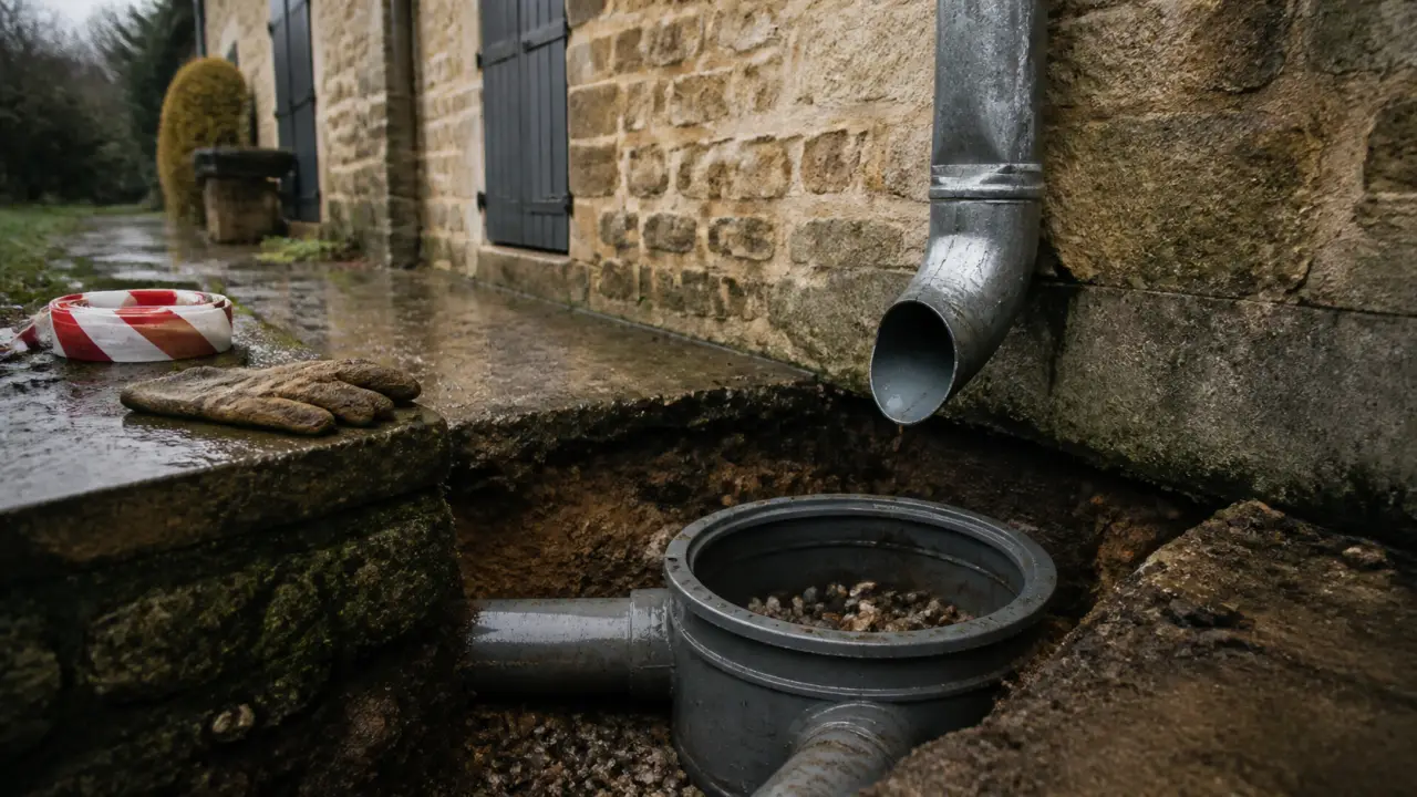 Drainage eau de pluie gouttière : descente raccordée à une canalisation enterrée