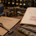Dupliquer une clé : carte de propriété et atelier de serrurier (gros plan).