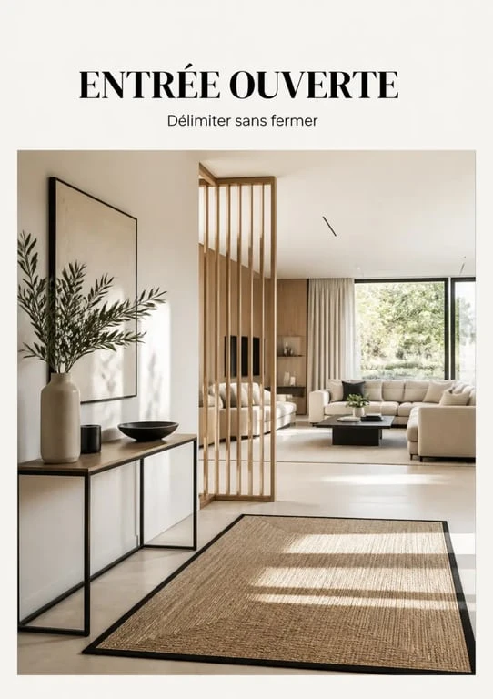 Déco entrée maison ouverte sur le salon avec séparation visuelle et console fine