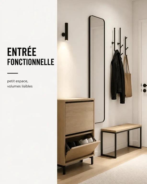 Déco entrée maison petite et fonctionnelle avec patères, miroir et meuble compact