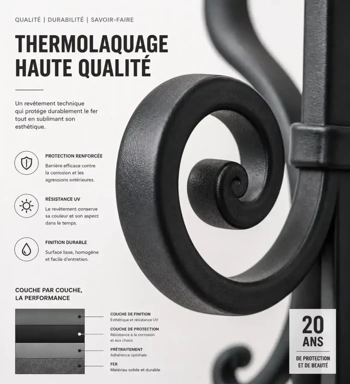 Détail d'une finition thermolaquée sur décoration en fer forgé