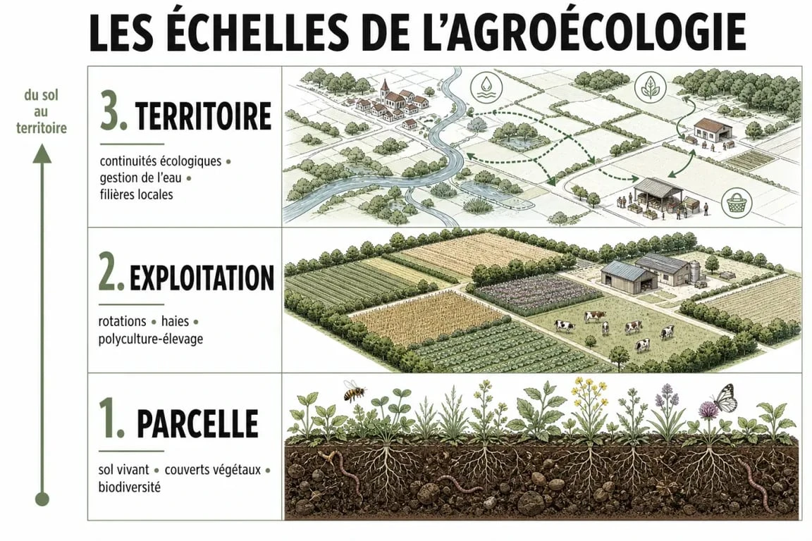 Agro ecologie : schéma des échelles d’action de la parcelle au territoire
