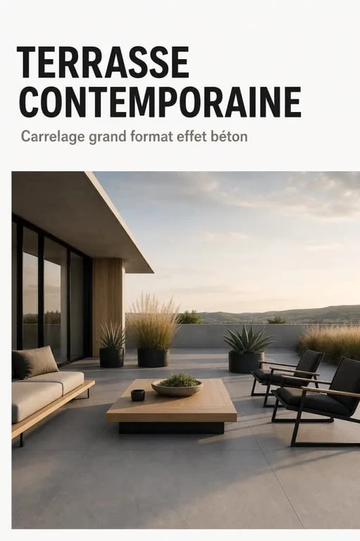 Inspiration de carrelage terrasse moderne sur une terrasse contemporaine avec effet béton et mobilier épuré