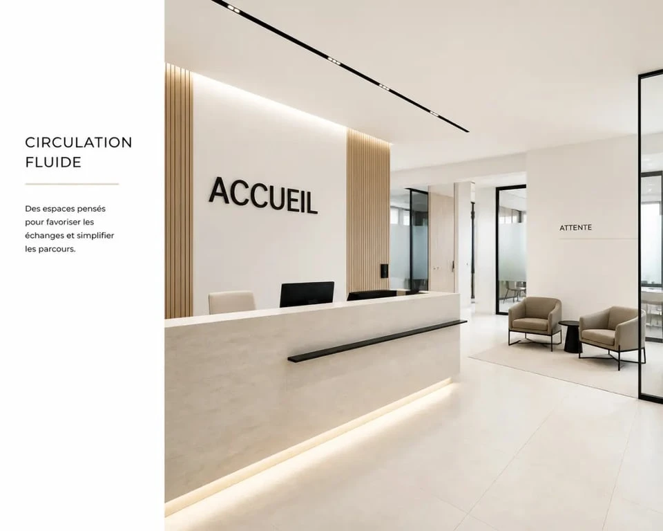 Aménagement espace accueil d’entreprise avec banque d’accueil, zone d’attente et circulation fluide