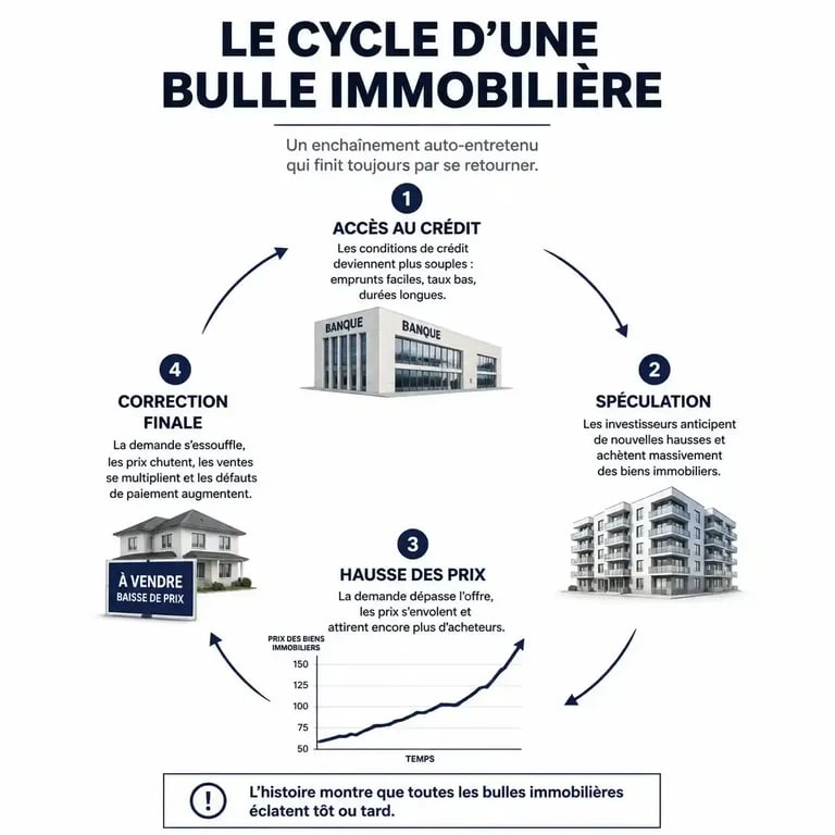 Schéma explicatif du cycle de formation d'une bulle immobilière et ses indicateurs clés
