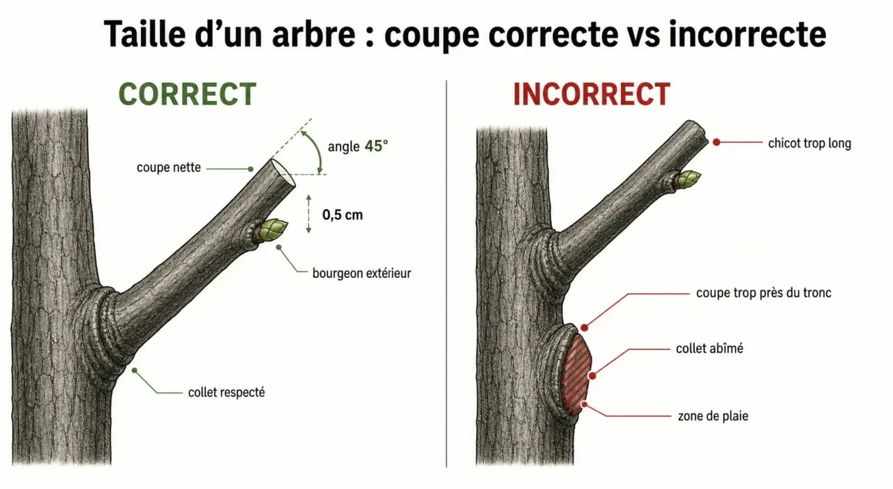 Taille d arbres : coupe correcte et coupe incorrecte sur une branche