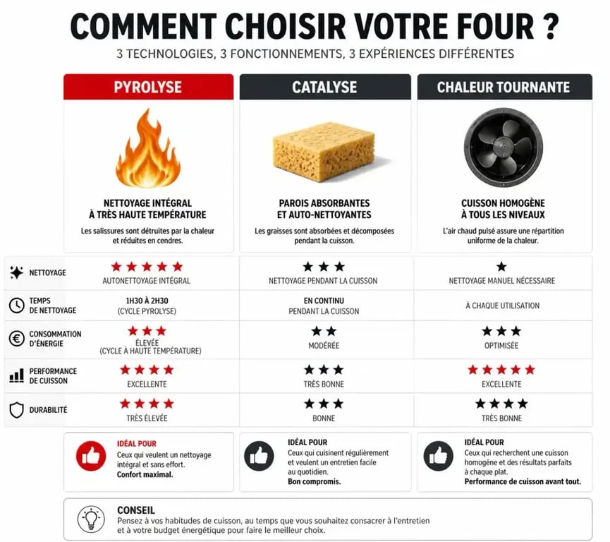 Infographie comparative des systèmes de nettoyage et modes de cuisson pour choisir son four