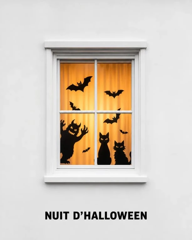 Décoration halloween maison sur une fenêtre avec silhouettes noires et lumière orange