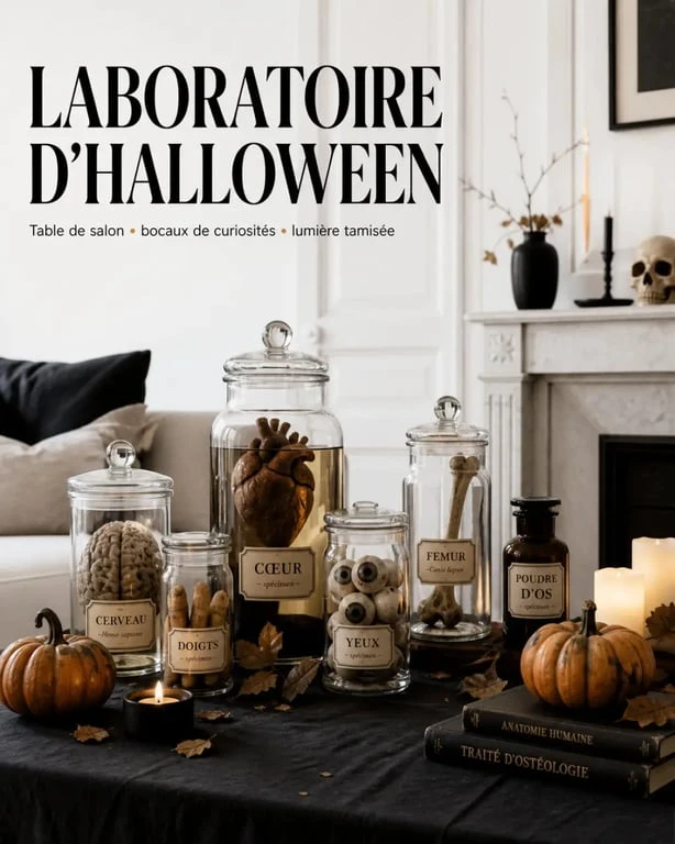 Décoration halloween maison sur une table de salon avec bocaux, bougies et ambiance laboratoire