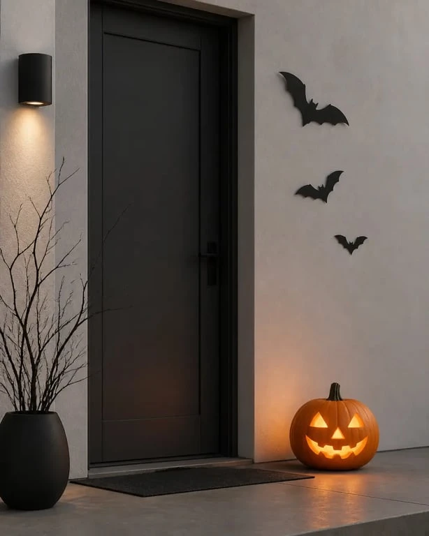 Décoration halloween maison dans une entrée sombre avec citrouille lumineuse et silhouettes de chauves-souris