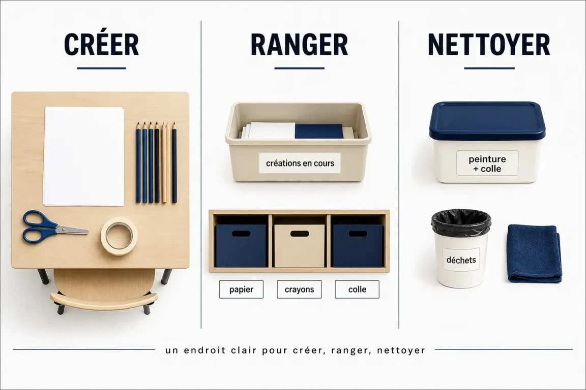 Rangement loisirs créatifs ikea vu de dessus avec zones créer, ranger et nettoyer