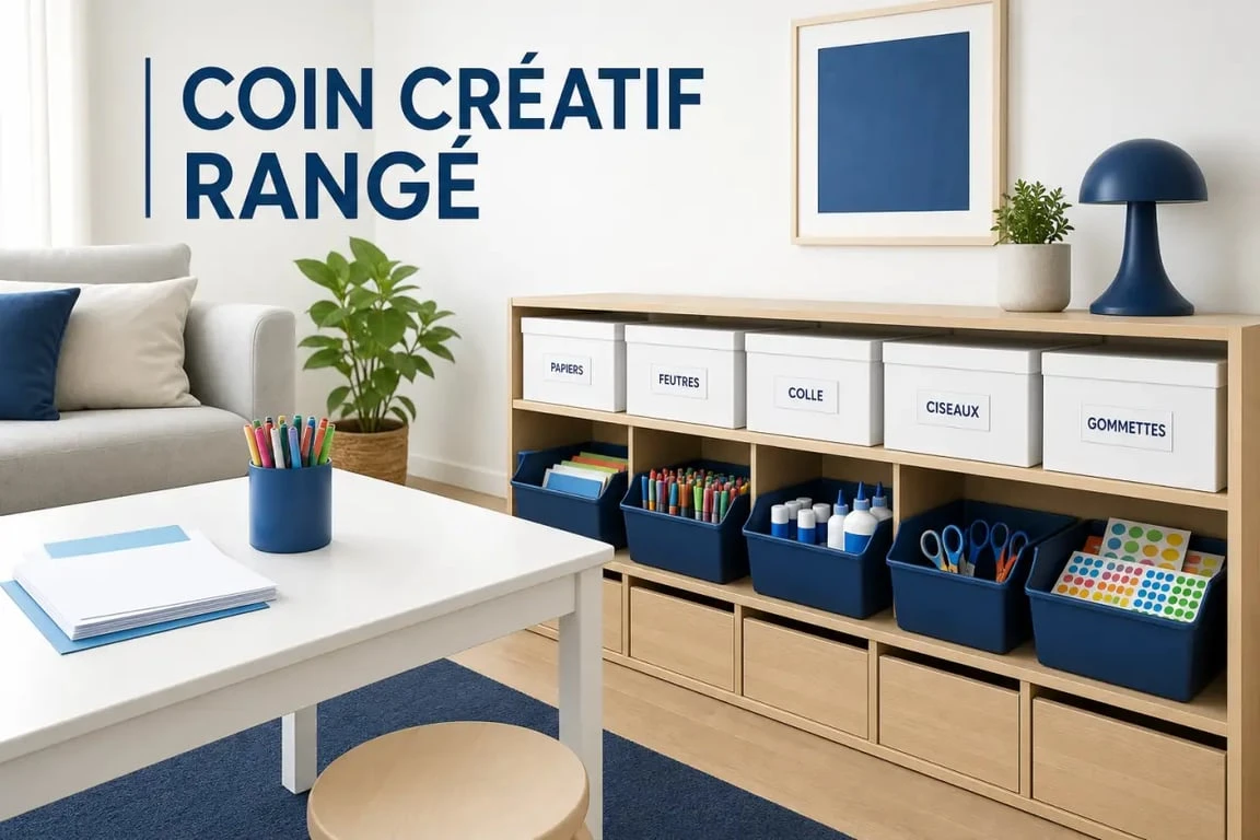 Rangement loisirs créatifs ikea dans un coin créatif familial avec bacs ouverts et boîtes fermées
