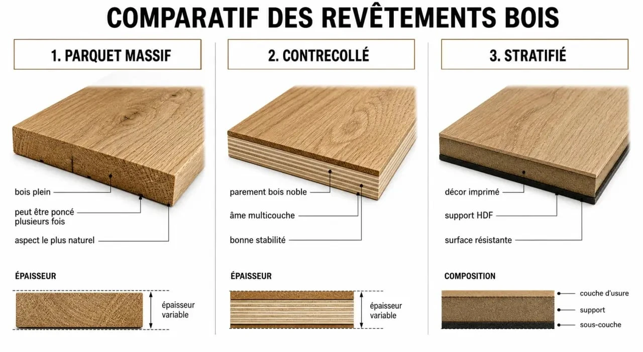 deco parquet : comparaison visuelle entre parquet massif, contrecollé et stratifié