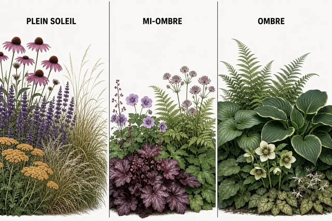 Plantes vivaces : massif illustré selon l'exposition du jardin