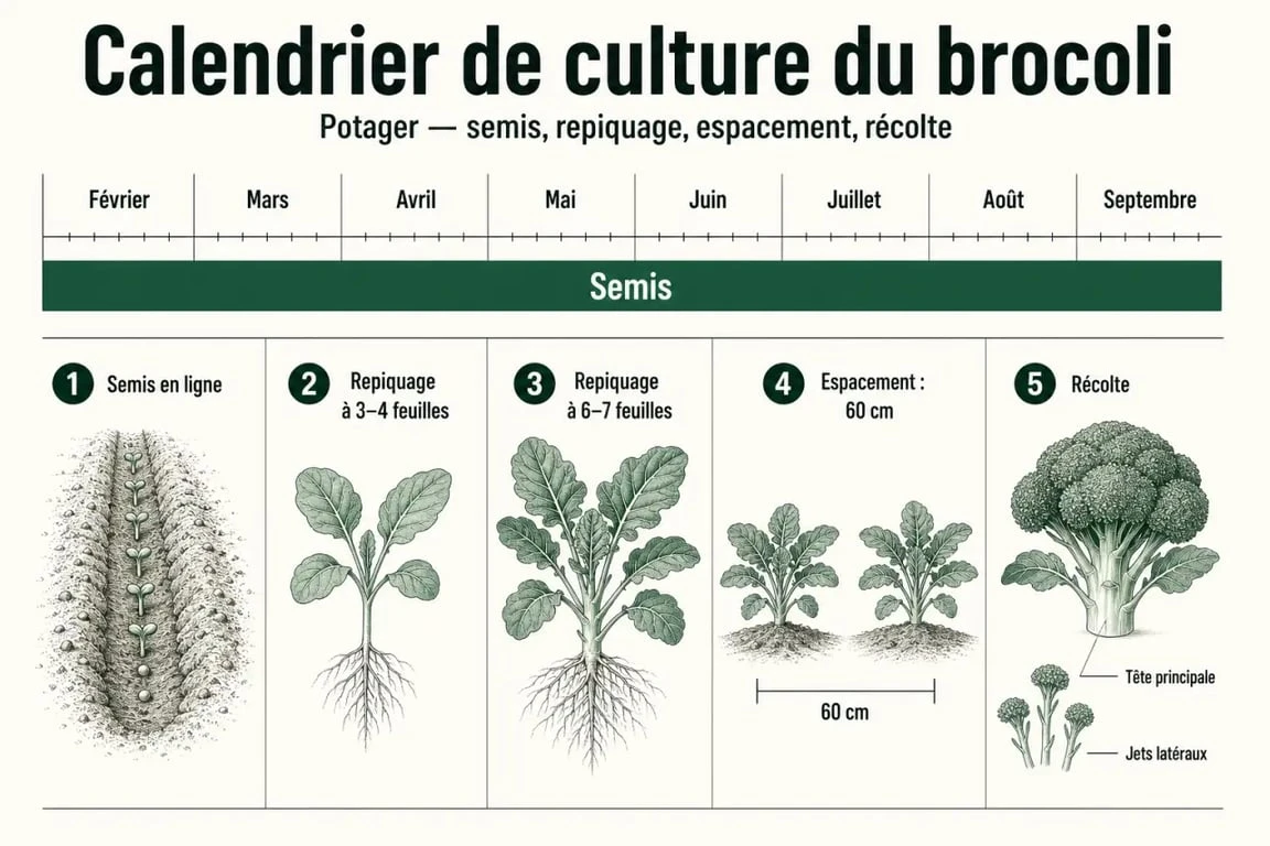 Brocoli potager : calendrier de semis, repiquage et récolte sur une frise saisonnière