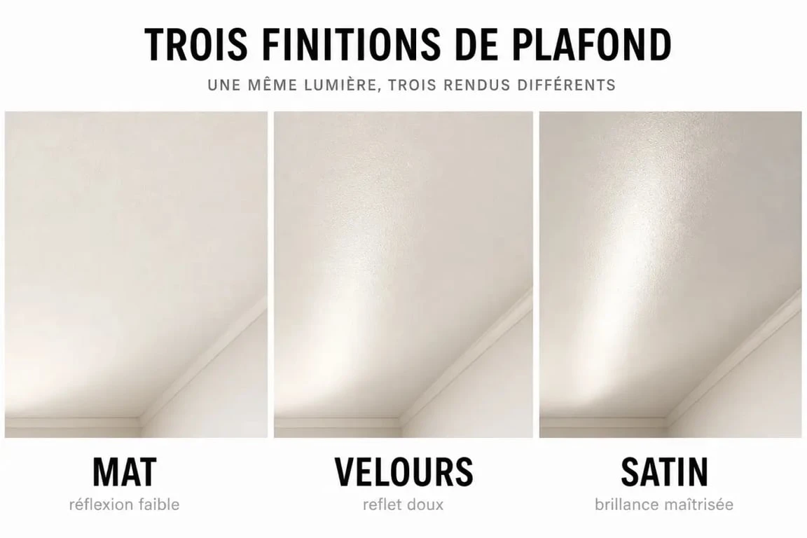 Couleur plafond pour agrandir piece : comparaison des finitions mat, velours et satin sur un plafond clair
