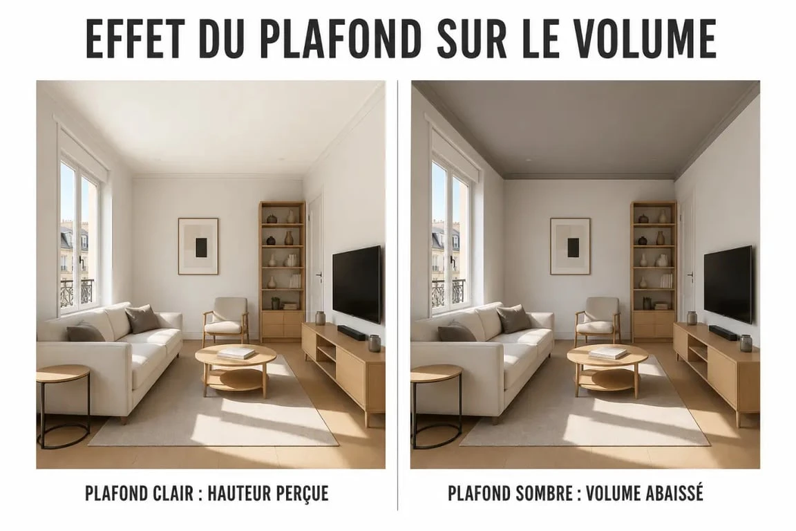 Couleur plafond pour agrandir piece : comparaison visuelle d’un plafond clair et d’un plafond plus sombre dans une petite pièce