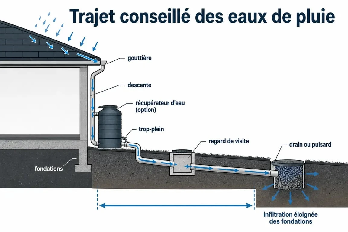 Drainage eau de pluie gouttière : schéma du trajet de l’eau du toit vers la descente, le drain et le puisard