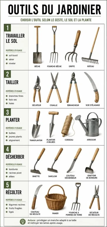 Outils du jardinier : infographie des principaux outils par usage et type de tâche