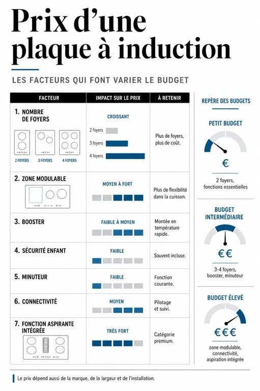Prix plaque induction : infographie comparative des formats 2, 3 et 4 foyers et des options qui font varier le tarif