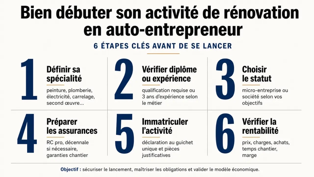 Bien débuter son activité de rénovation en tant qu'auto-entrepreneur : infographie des étapes clés du lancement