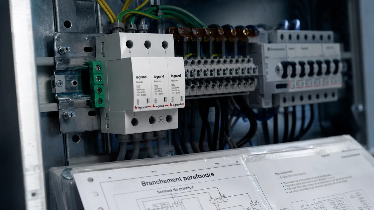 Parafoudre Legrand branchement dans un tableau électrique ouvert