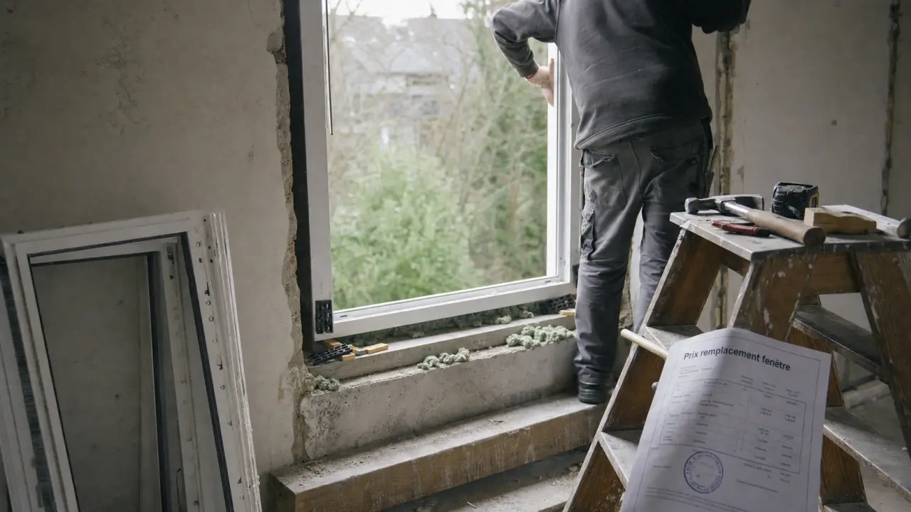 Prix remplacement fenetre en pose rénovation, fenêtre PVC neuve en cours de remplacement