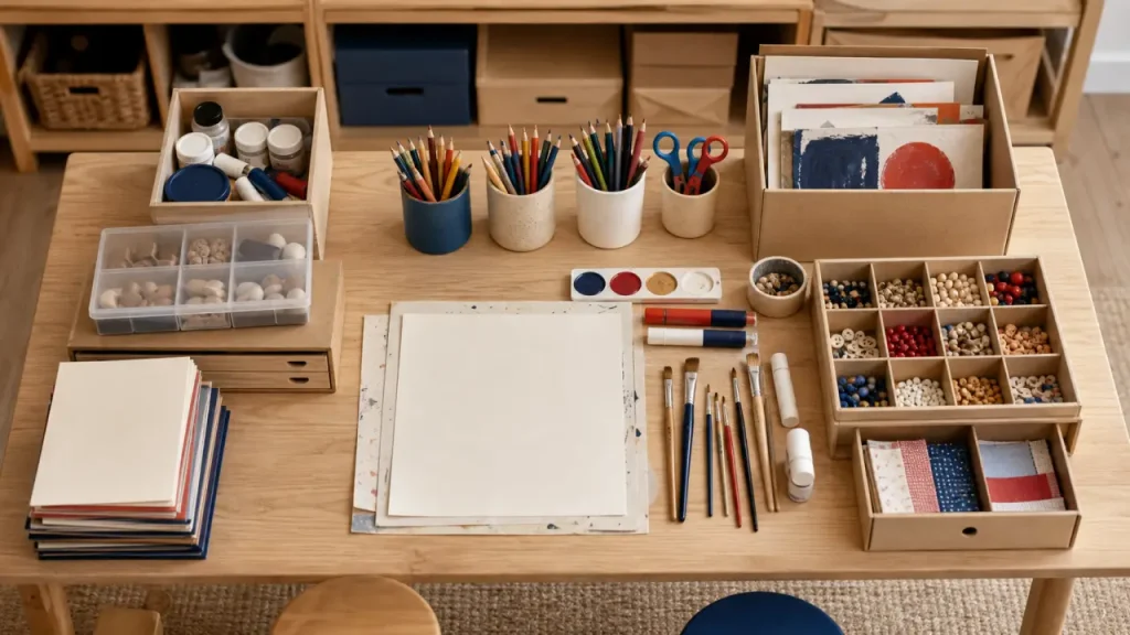 Rangement loisirs créatifs IKEA : des bacs accessibles, un coin familial et un tri qui tient