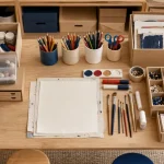 Rangement loisirs créatifs IKEA : coin créatif familial avec bacs ouverts et matériel