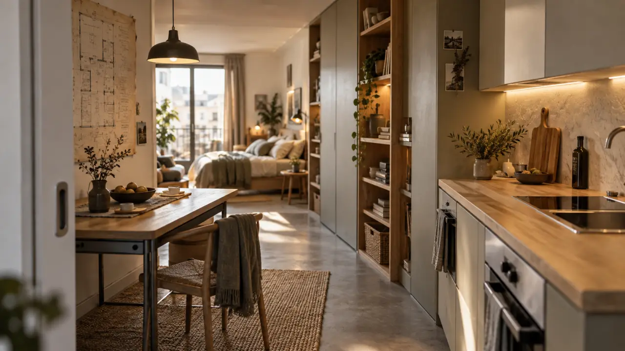 Aménagement intérieur optimisé d’un studio compact avec table coulissante et cuisine
