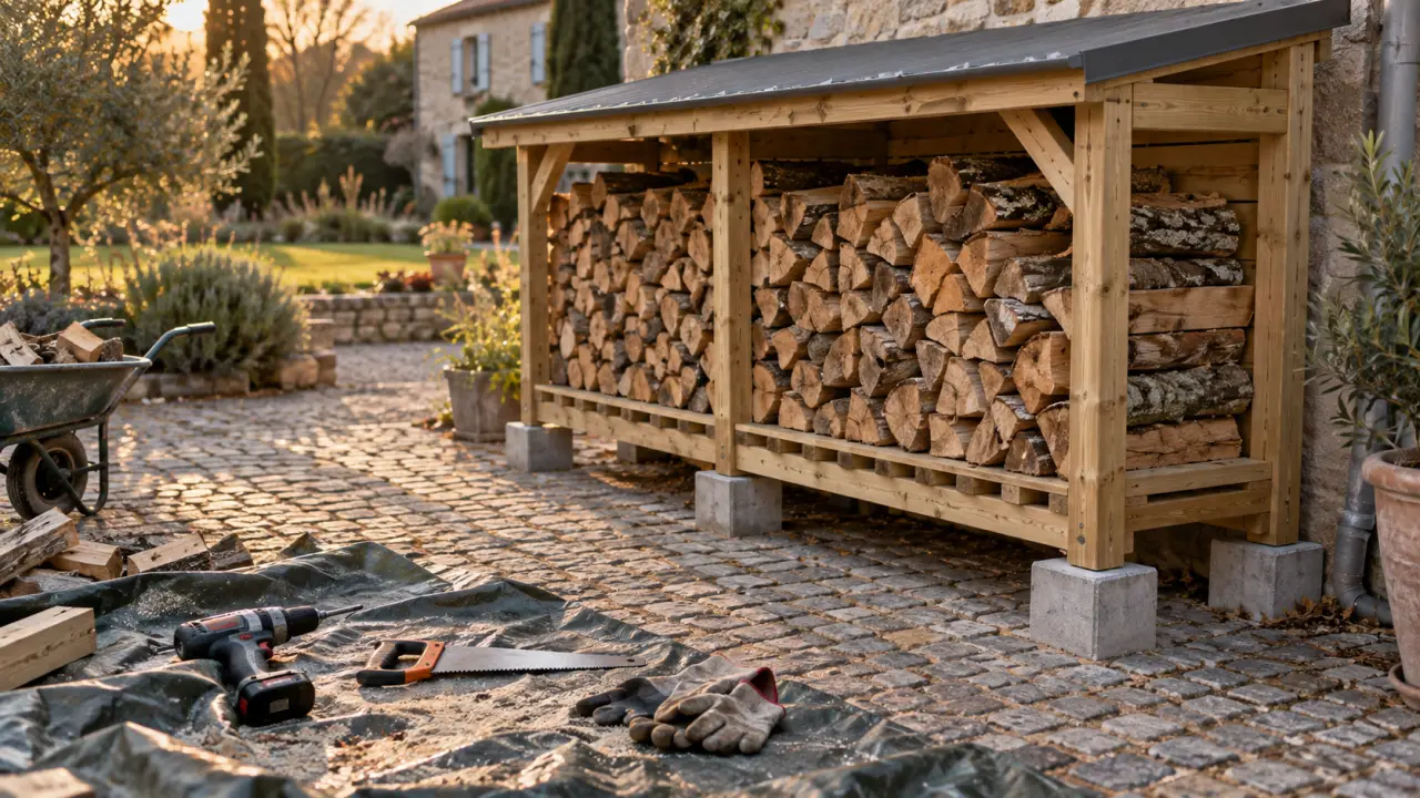 Construire un abri pour bois : bûches surélevées, toit contre la pluie, lame d’air visible