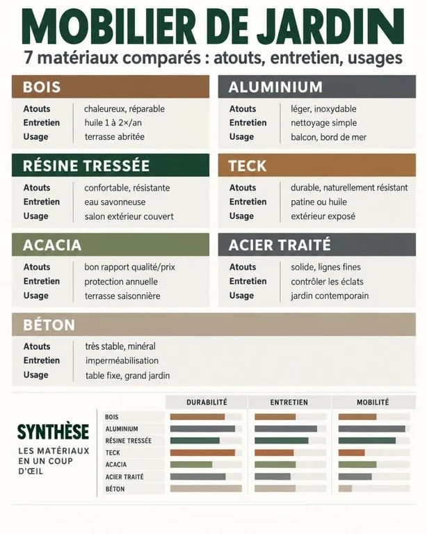 Mobilier jardin : comparaison visuelle des matériaux et de leur entretien
