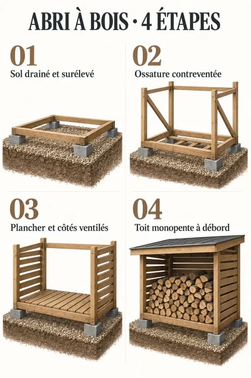 Illustration des étapes pour construire un abri pour bois extérieur