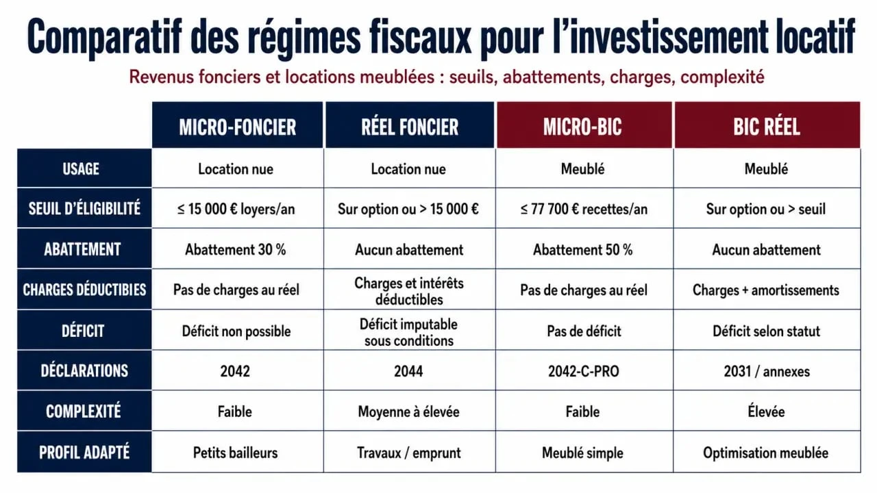 Comparatif visuel des régimes fiscaux pour la rentabilité locative
