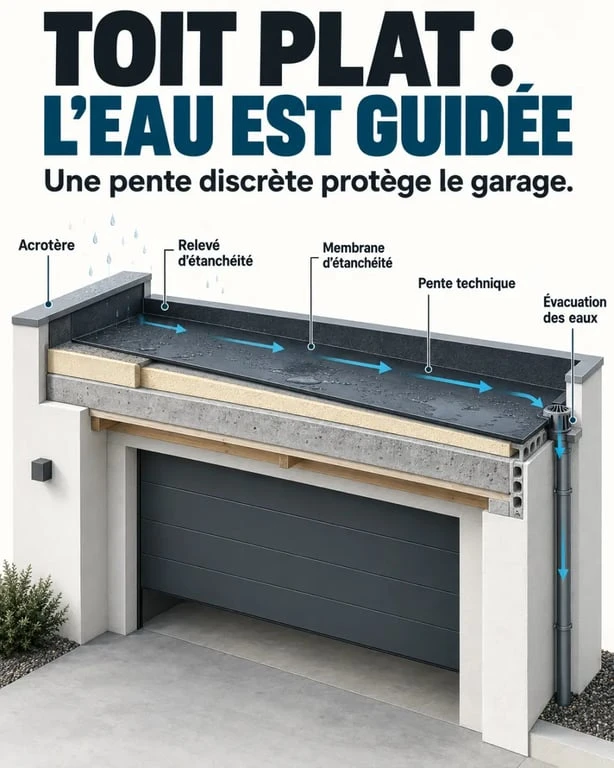 Infographie d’un toit plat de garage montrant la pente technique, l’étanchéité et l’évacuation des eaux