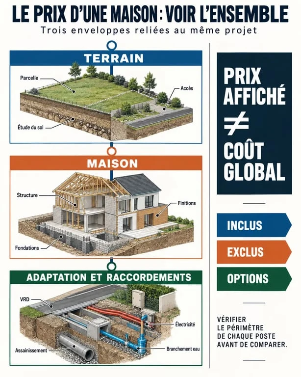Infographie sur le prix maison constructeur et les trois enveloppes du budget global